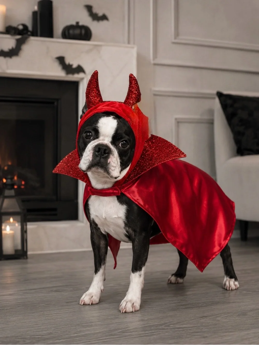 “Handsome Devil” Dog Halloween Costume w/ Cape + Glitter Horn Hood | Size: L/XL